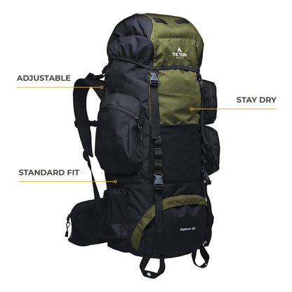 TETON 65L, 75L, 85L Explorer Internal Frame Backpack for Hiking, Camping, Backpacking, Rain Cover Included