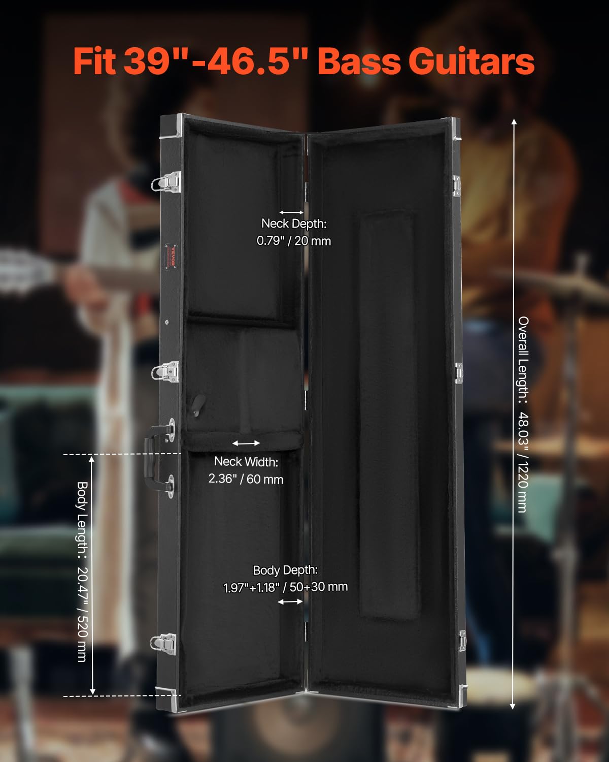 VEVOR - Funda rígida para guitarra de bajo, rectangular de 46.5 pulgadas, con cierre de llave, acolchado de PVC, forro suave, resistente al agua, funda rígida para guitarra de bajo de 39 a 46.5