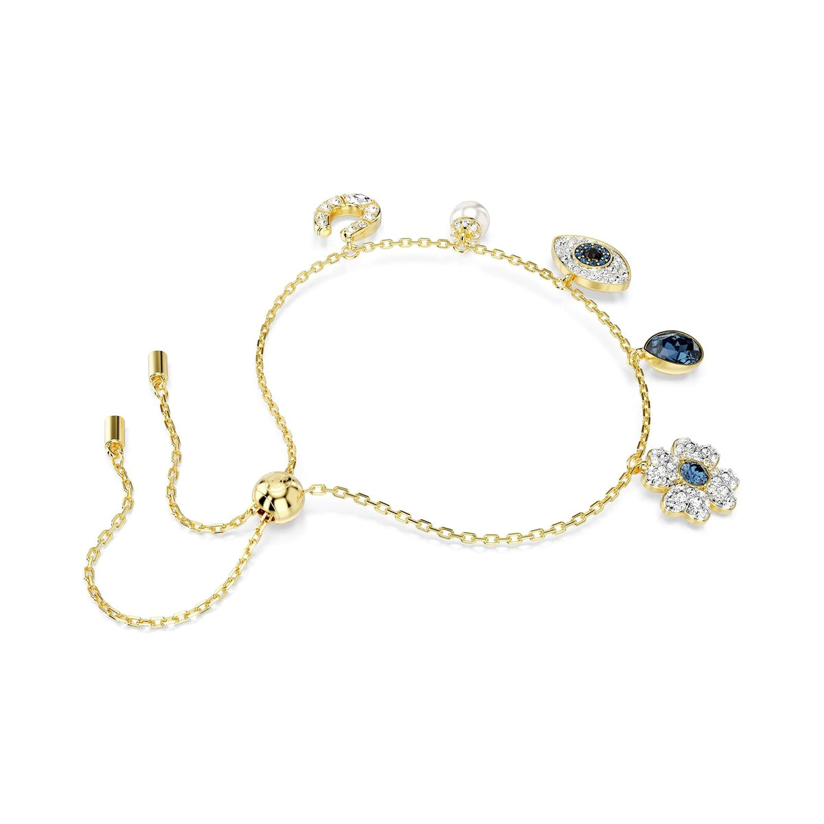 Pulsera Symbolica, trébol, mal de ojo y herradura, azul, acabado dorado, Una talla, Cristal, cristal