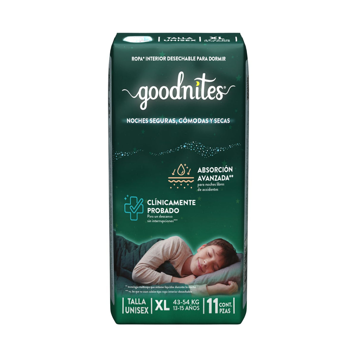 GoodNites Calzoncitos Desechables para Dormir, Talla Extra Grande Unisex, Paquete con 11 piezas, Ideal para niños de 13 a 15 años