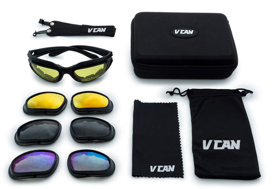 VCAN Gafas polarizadas para montar en motocicleta, marco negro con kit de 4 lentes para actividades al aire libre y deportes