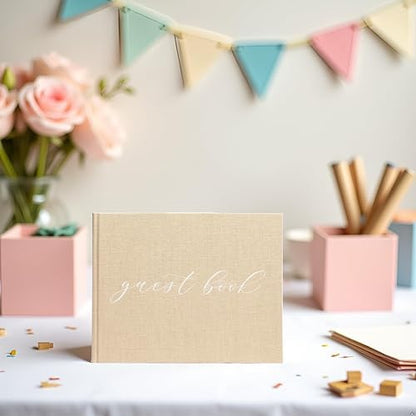 Pearhead Libro de visitas de boda de lino beige con escritura blanca, boda elegante, decoración de boda simple, regalo de despedida de soltera, marfil