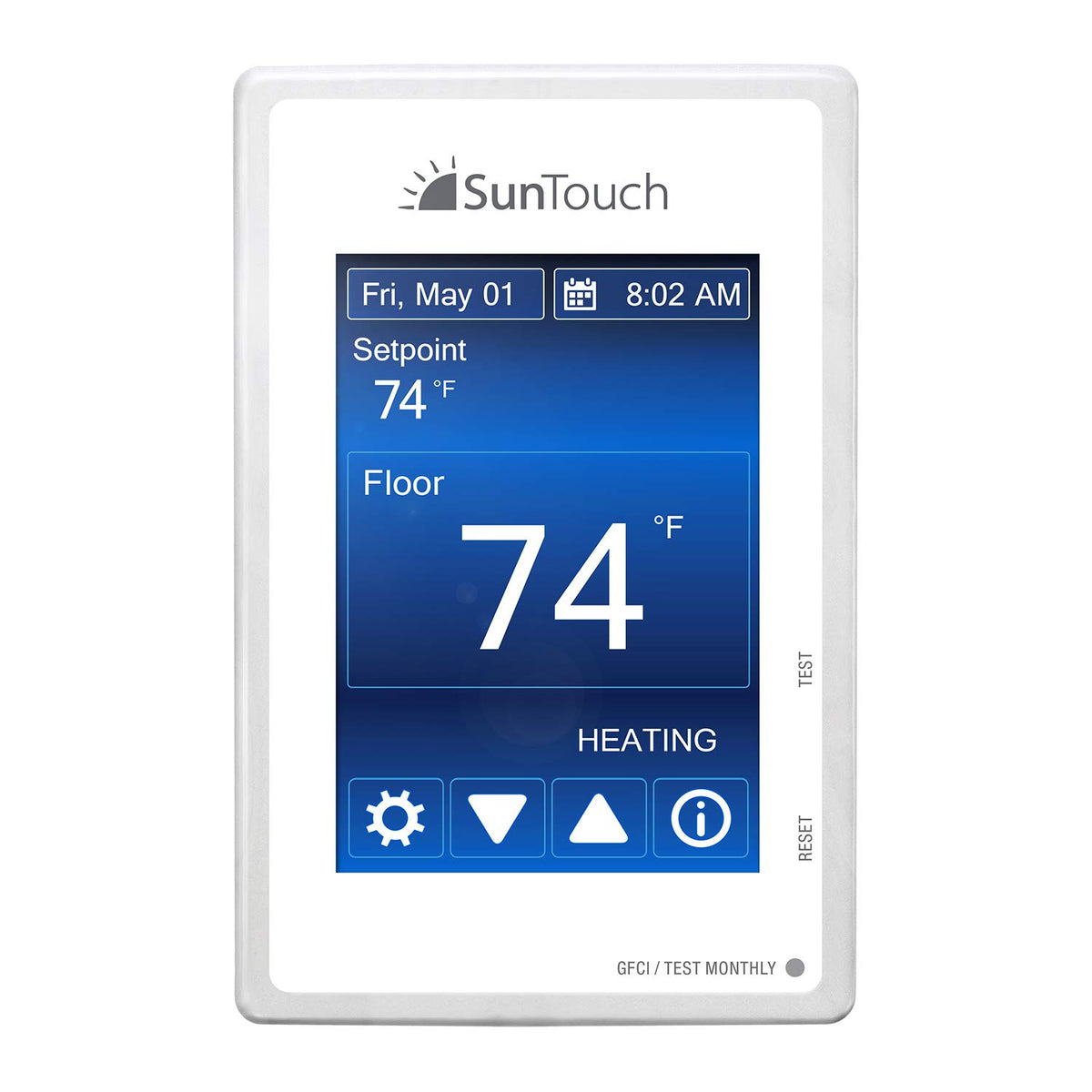 SunTouch SunStat Command - Termóstato programable con visualización táctil a color para sistemas de calefacción por piso eléctrico, múltiples opciones de color de fondo, control de detección de piso y