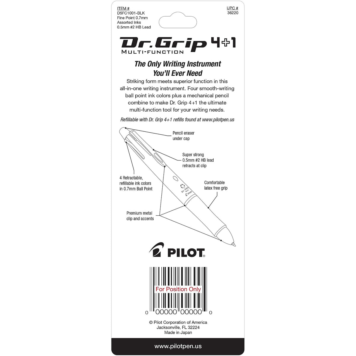 Pilot Dr. Grip 4+1 Multifunction Ballpoint Pen + Pencil, Assorted Color Inks, Black Barrel, 1-Pack (36220)