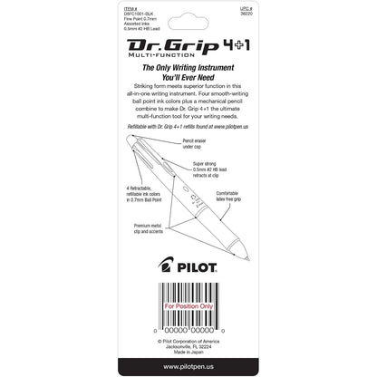 Pilot Dr. Grip 4+1 Multifunction Ballpoint Pen + Pencil, Assorted Color Inks, Black Barrel, 1-Pack (36220)