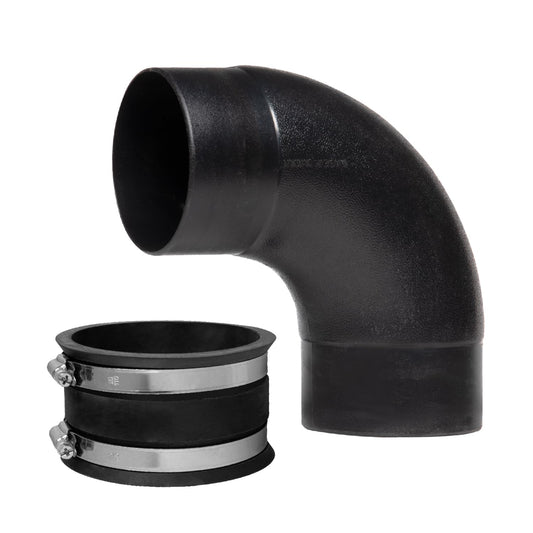 POWERTEC 70460 Conector de manguera de polvo de codo de 4 pulgadas y 90 grados y puño flexible de control de polvo de 4 pulgadas con abrazaderas de manguera de acero, acoplador de puño de goma para