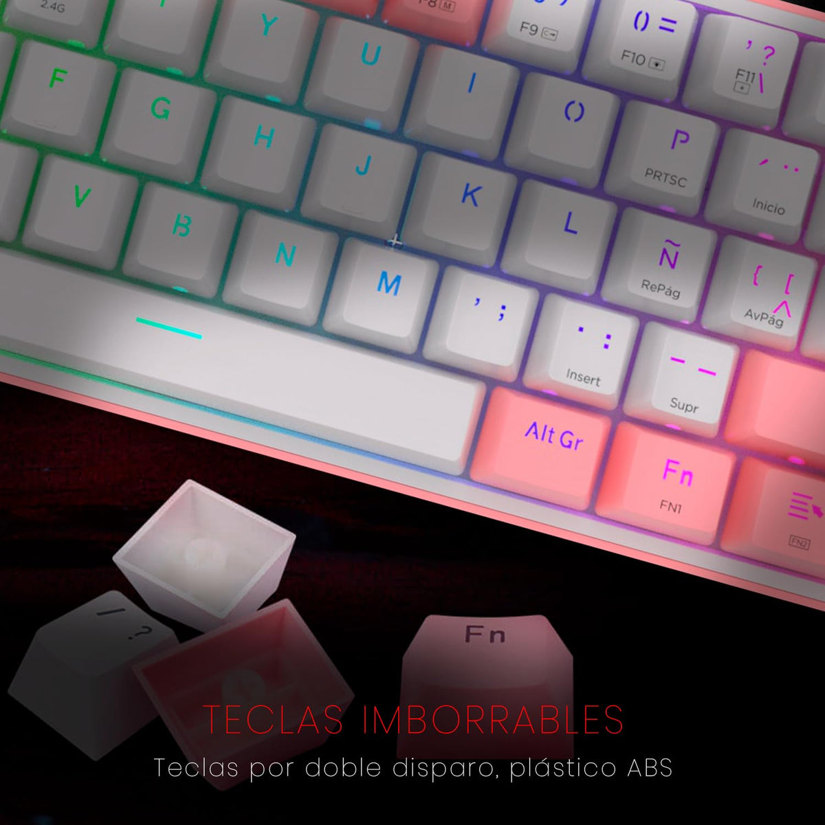 Redragon Teclado mecánico Fizz Pro Blanco/Rosa K616-RGB-WP SP Español Latinoamerica, tamaño 60%, RGB, Wireless dongle USB 2.4Ghz, Bluetooth 5.0, Compacto de 61 Teclas, switches Red, Software