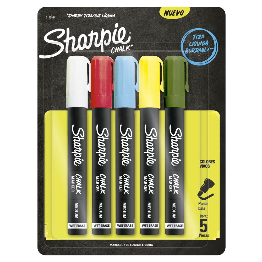 Sharpie Chalk, Marcadores de Tiza Líquida Borrable, Colores Surtidos, 5 piezas, 2175541