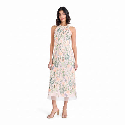 Maggy London Women's Floral Embroidered Halter Midi Dress with Back V-Neck