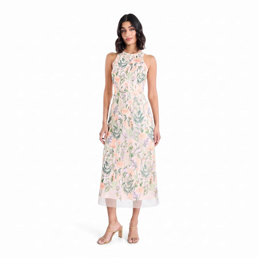 Maggy London Women's Floral Embroidered Halter Midi Dress with Back V-Neck