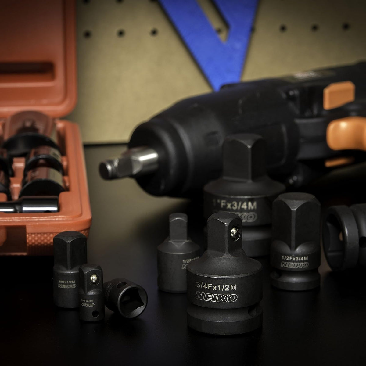 Neiko Adaptadores Reductores Impacto 30223A | 8 piezas, tamaños SAE estándar, acero Cr-V, detente de bola, square drive