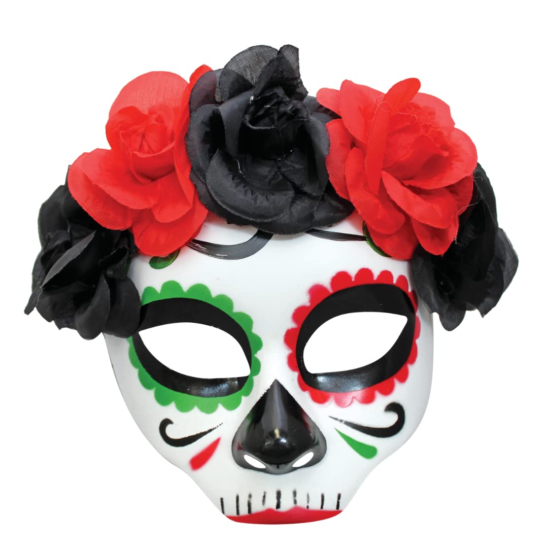 Catrina con Rosas, Antifaz de Catrina con Corona de Flores, Antifaces de Catrines Ideal para Día de Muertos y Fiestas de Disfraces