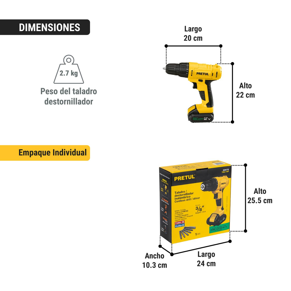 PRETUL TALI-12P, Taladro/destornillador 3/8", 12V con 1 batería de 2Ah