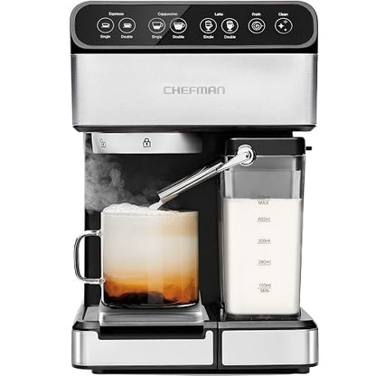 Chefman - Máquina de café espresso , Prepare espresso, capuchinos, lattes y más con calidad de una cafetería, depósito de agua de 1,8 litros, acero inoxidable