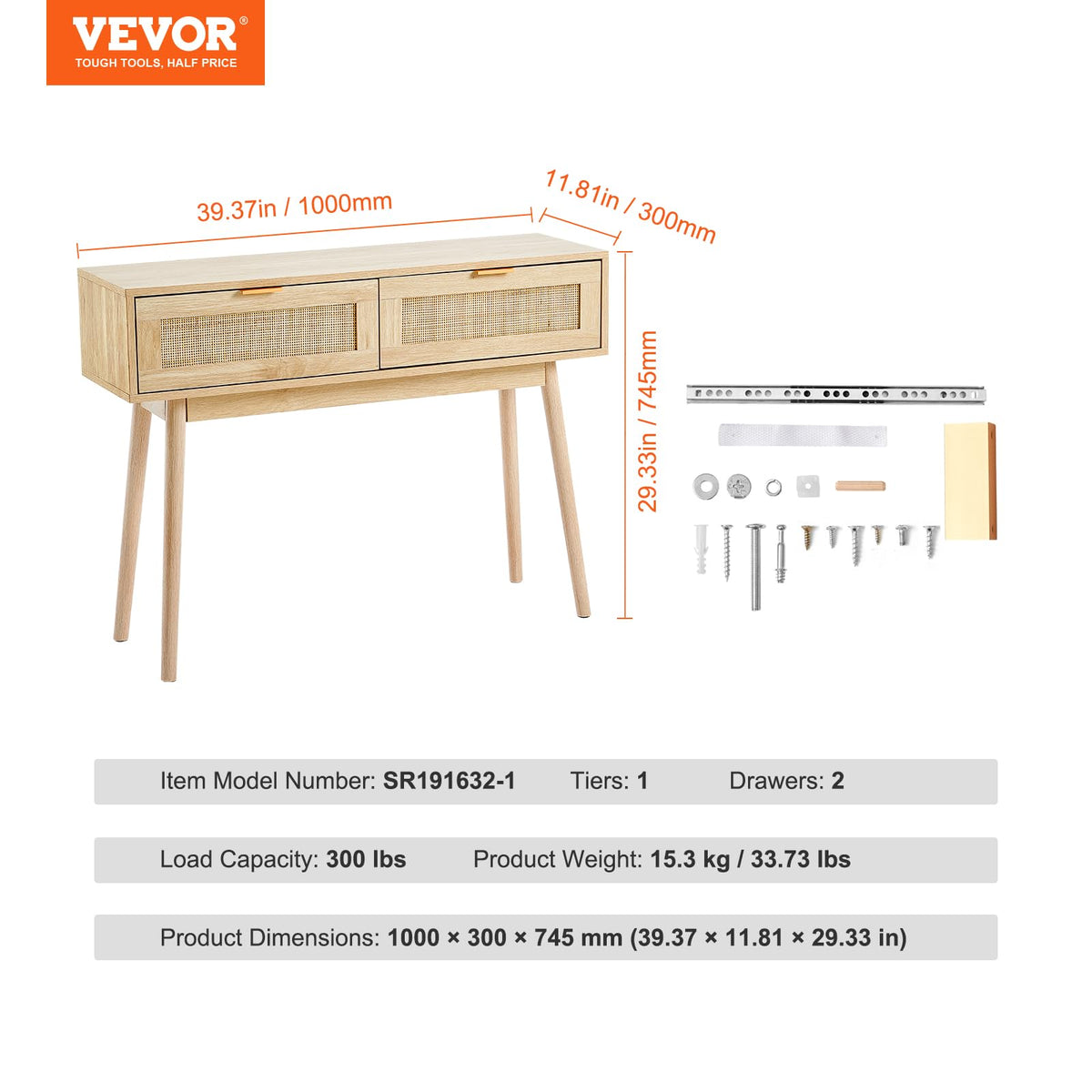 VEVOR Mesa Consola de ratán con 2 cajones de Almacenamiento, Mesa de Entrada de ratán con Puerta corrediza de ratán Natural, Mesa Consola de sofá para Sala de Estar, Entrada o Pared de TV, Natural
