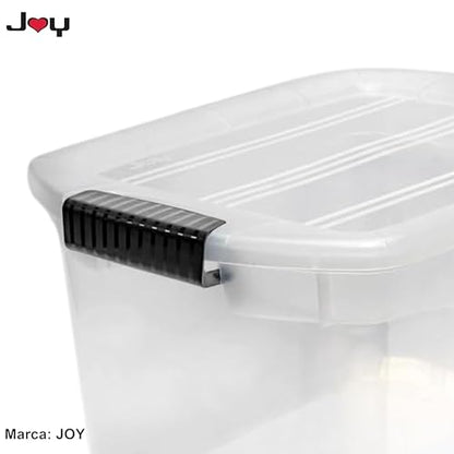 JOY - Caja de Almacenamiento Apilable, Pack de 2, para Organizador Armario, Juguetes, Ropa, con Broche y Tapa Duradera, 29 Litros de Capacidad, Plástico Libre de BPA, Transparente