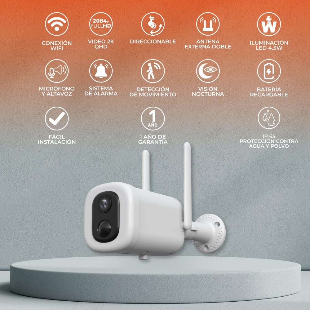 Tecnolite Connect - Cámara de Seguridad Exterior WiFi Recargable Inalámbrica con Lámpara LED 4.5 W, Visión Nocturna, Compatible con App móvil, Alexa, Google y Siri, Visión Nocturna, Monitoreo
