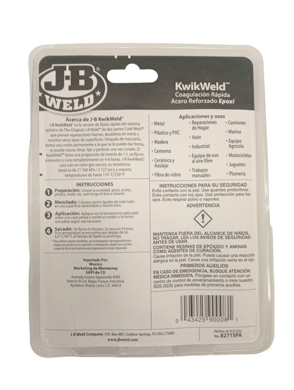 J-B Weld JB Weld Oficial Adhesivo Epoxico Secado Rapido Profesional 8271SPA 284gr