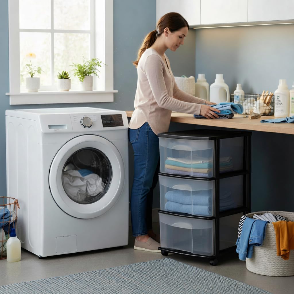 Italhome Cajonera FOX 3 de Plástico con Ruedas 3 Cajones Transparentes, Organizador Multiusos Móvil para Hogar y Oficina, Mueble Ligero Resistente, Color Negro