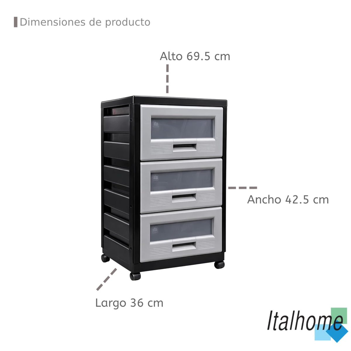 Italhome Mueble De Plástico En Color Negro Gris Con 3 Cajones, Cajonera Organizador Multiusos Con Ruedas Piave