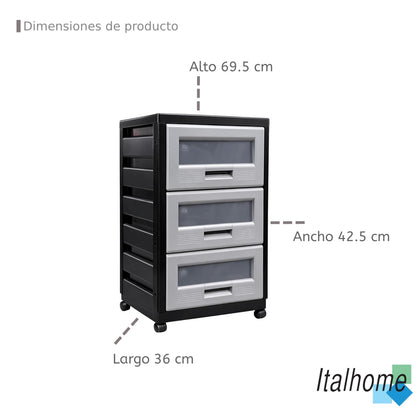 Italhome Mueble De Plástico En Color Negro Gris Con 3 Cajones, Cajonera Organizador Multiusos Con Ruedas Piave