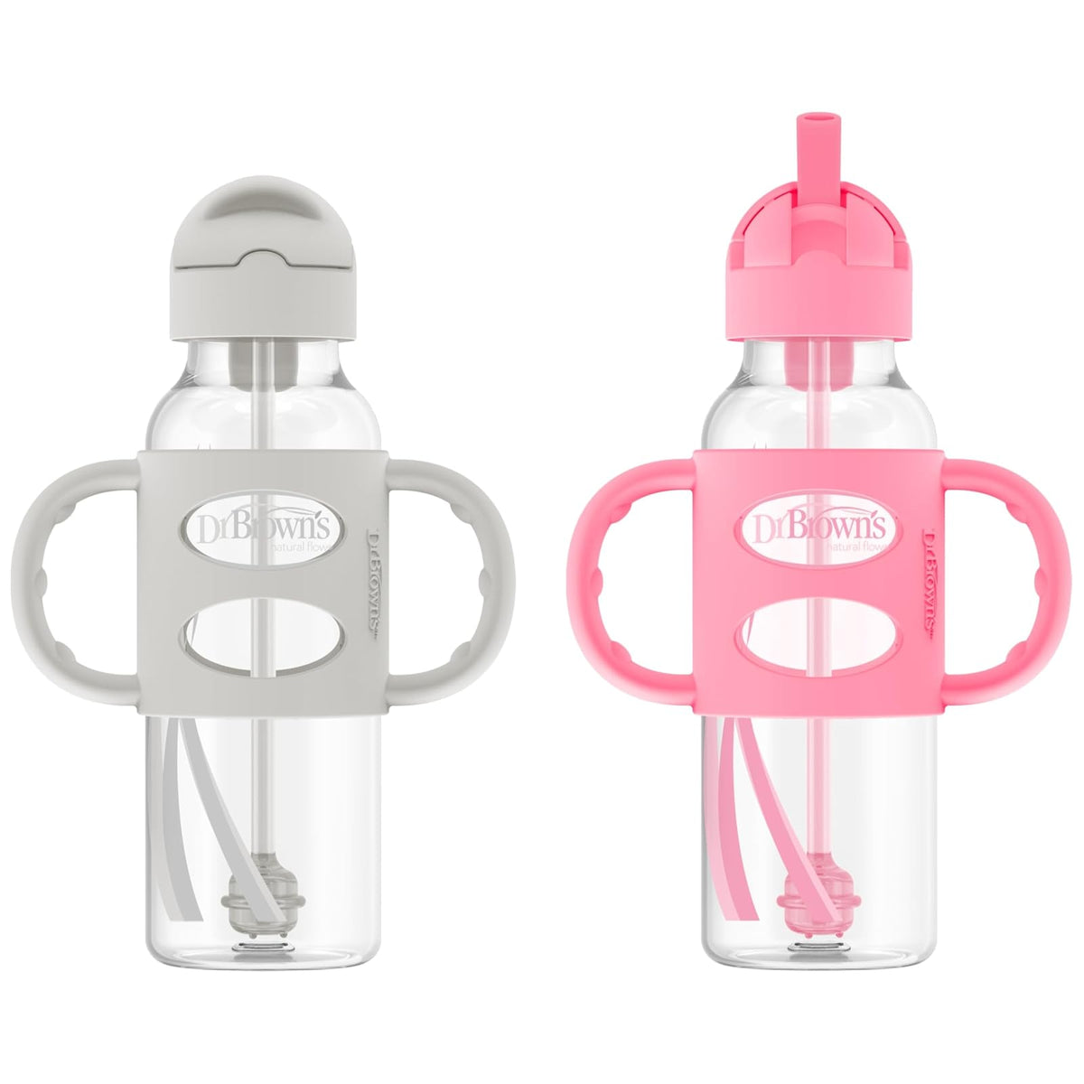 Dr. Brown's Milestones Botella de Paja con Asas de Silicona, 8 oz, 6 Meses+ - 2 Pack, Gray & Pink