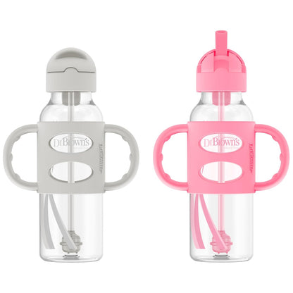 Dr. Brown's Milestones Botella de Paja con Asas de Silicona, 8 oz, 6 Meses+ - 2 Pack, Gray & Pink