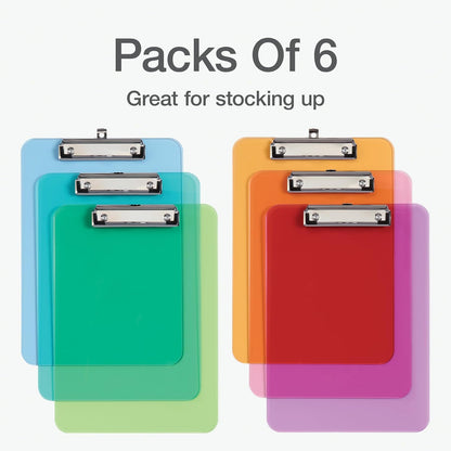 Portapapeles de plástico Oxford, clip de metal con esquinas de plástico, superficie de escritura con bucle para colgar, colores surtidos, 12.5 x 9 pulgadas, paquete de 6 (25402)