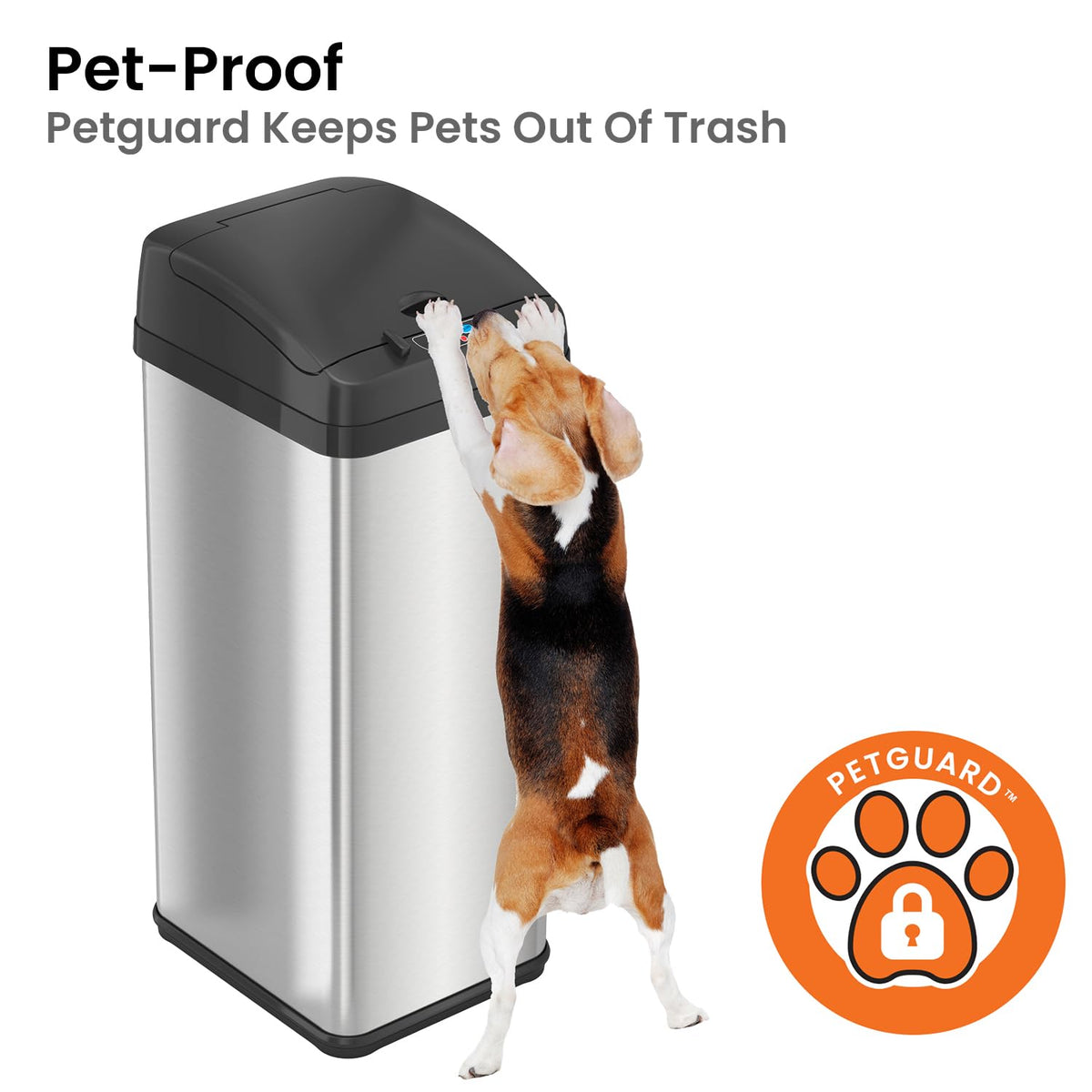 iTouchless cubeta de basura con sensor a prueba de mascotas de 13 galones con sistema de filtro de olor AbsorbX, cubeta de basura de cocina de acero inoxidable evita que los perros y gatos entren, batería (no incluida) o adaptador de CA (opcional)
