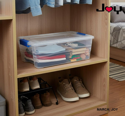 Joy – Caja de Almacenamiento 13 litros, Pack de 2, Perfecto para Organizar Ropa y Juguetes, con Broches de Seguridad, Plástico Libre de BPA, Transparente