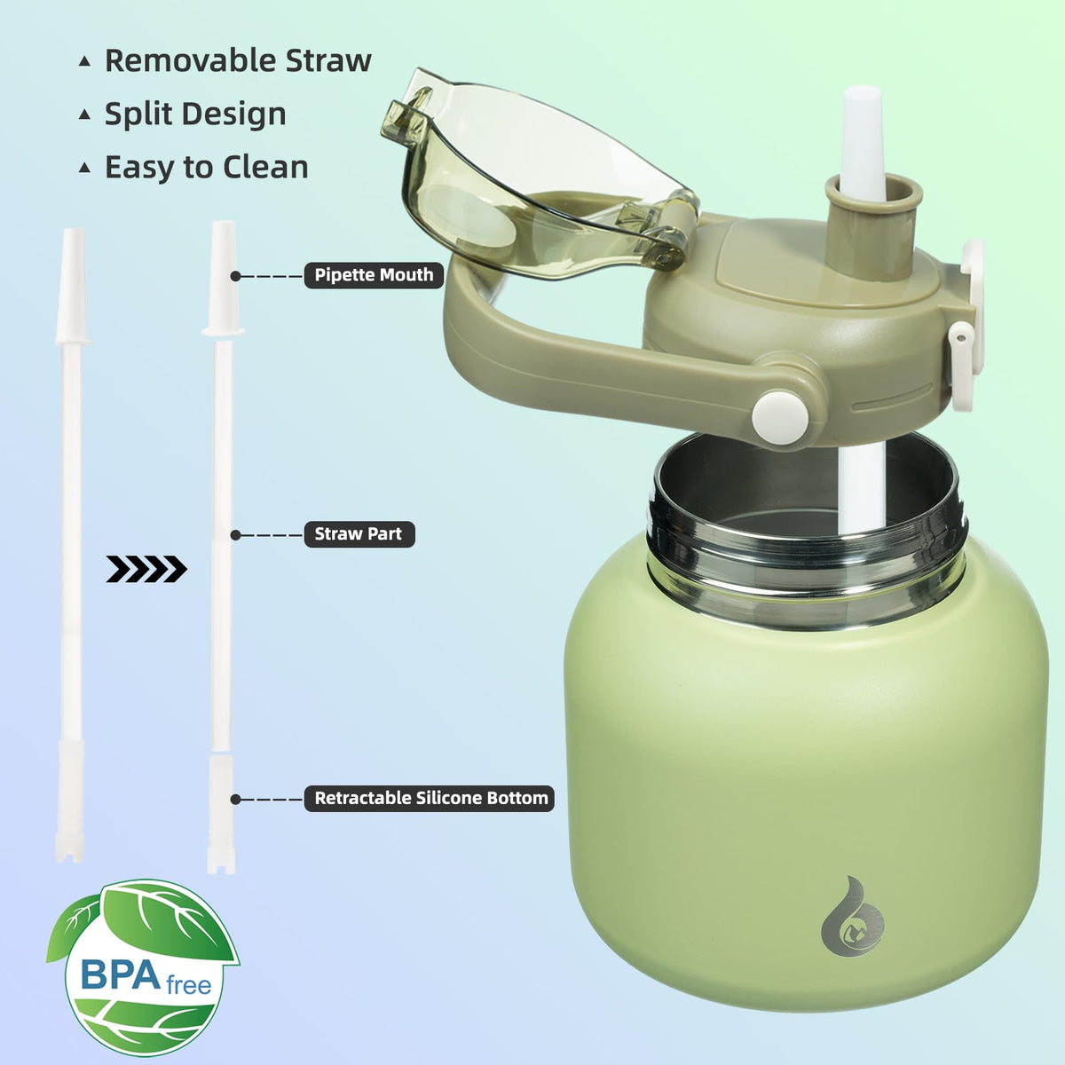 BJPKPK - Botellas de agua aisladas con popote, 27 onzas lindas botellas de agua con asa, termo de metal de acero inoxidable sin BPA, termo de fácil transporte para hombres y mujeres, verde claro