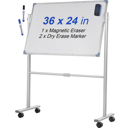 VEVOR - pizarrón blanca magnética móvil, 36 x 24 pulgadas, doble cara, reversible de 360 grados, tabla de borrado en seco, altura ajustable con marco de aluminio y ruedas giratorias bloqueables, para