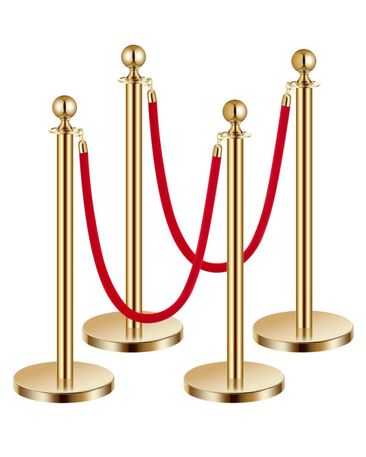 VEVOR 4 PCS Poste de Estaca de Acero Inoxidable de 1,5 m con Base Hueca de Inyección de Arena y 2 Cuerdas de Terciopelo Rojo, Barreras de Control de Multitudes para Teatro, Fiesta, Boda, Dorado