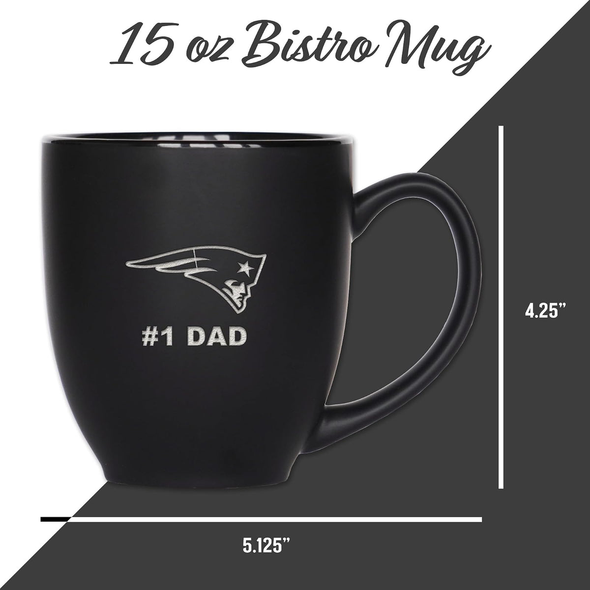 Rico Industries NFL Football New England Patriots #1 Dad - Taza de cerámica negra mate grabada con láser, para bebidas calientes o frías
