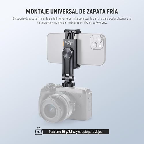 NEEWER Soporte de Trípode para Teléfono con Rosca 1/4" y Zapata Fría, 2.36"-3.54"/6-9cm 360° Giratorio Cámara Abrazadera Teléfono para iPhone 15 14 13 12 11 Pro MAX X XR Samsung S24 Ultra, SP-10