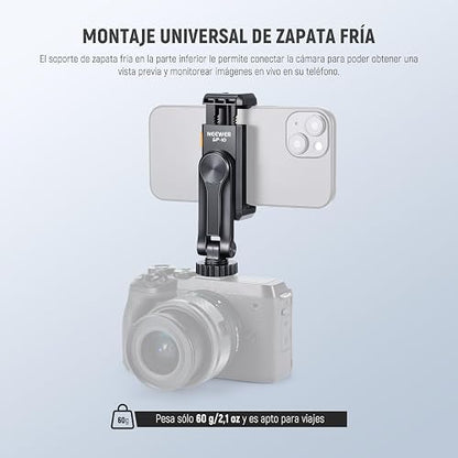 NEEWER Soporte de Trípode para Teléfono con Rosca 1/4" y Zapata Fría, 2.36"-3.54"/6-9cm 360° Giratorio Cámara Abrazadera Teléfono para iPhone 15 14 13 12 11 Pro MAX X XR Samsung S24 Ultra, SP-10