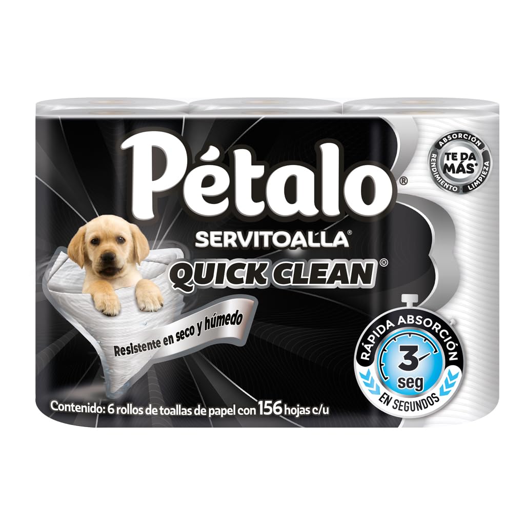 Pétalo Quick Clean, Servitoalla Paquete con 6 rollos de 156 Hojas Dobles Cada Uno, Rápida Absorción en 3 Segundos