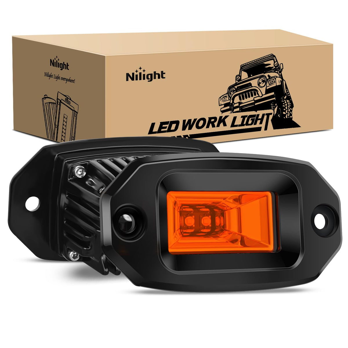 Nilight 2 PCS 20W Flush Mount Amber LED Pods Flood Beam Work Offroad Driving Fog Reverse Backup Lights for Bumper Truck ATV UTV SUV Boat | Luces de marcha atrás para conducción todoterreno, antiniebla, marcha atrás, para parachoques, camiones, ATV, UTV, S