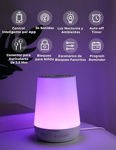 Máquina de sonidos para bebés Momcozy con Luz Nocturna | Entrenador de sueño para niños con 34 sonidos relajantes, temporizador, control por app, rutina de sueño, Blanco