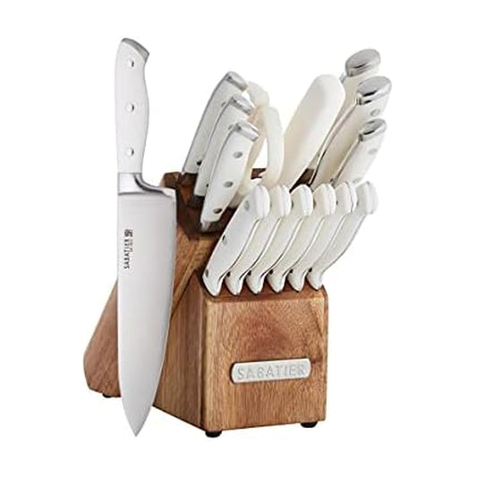 Sabatier Juego de 15 cuchillos forjados de triple remache, cuchillos de cocina de acero inoxidable de alto carbono, juego de cuchillos afilados con bloque de madera de acacia, asas blancas