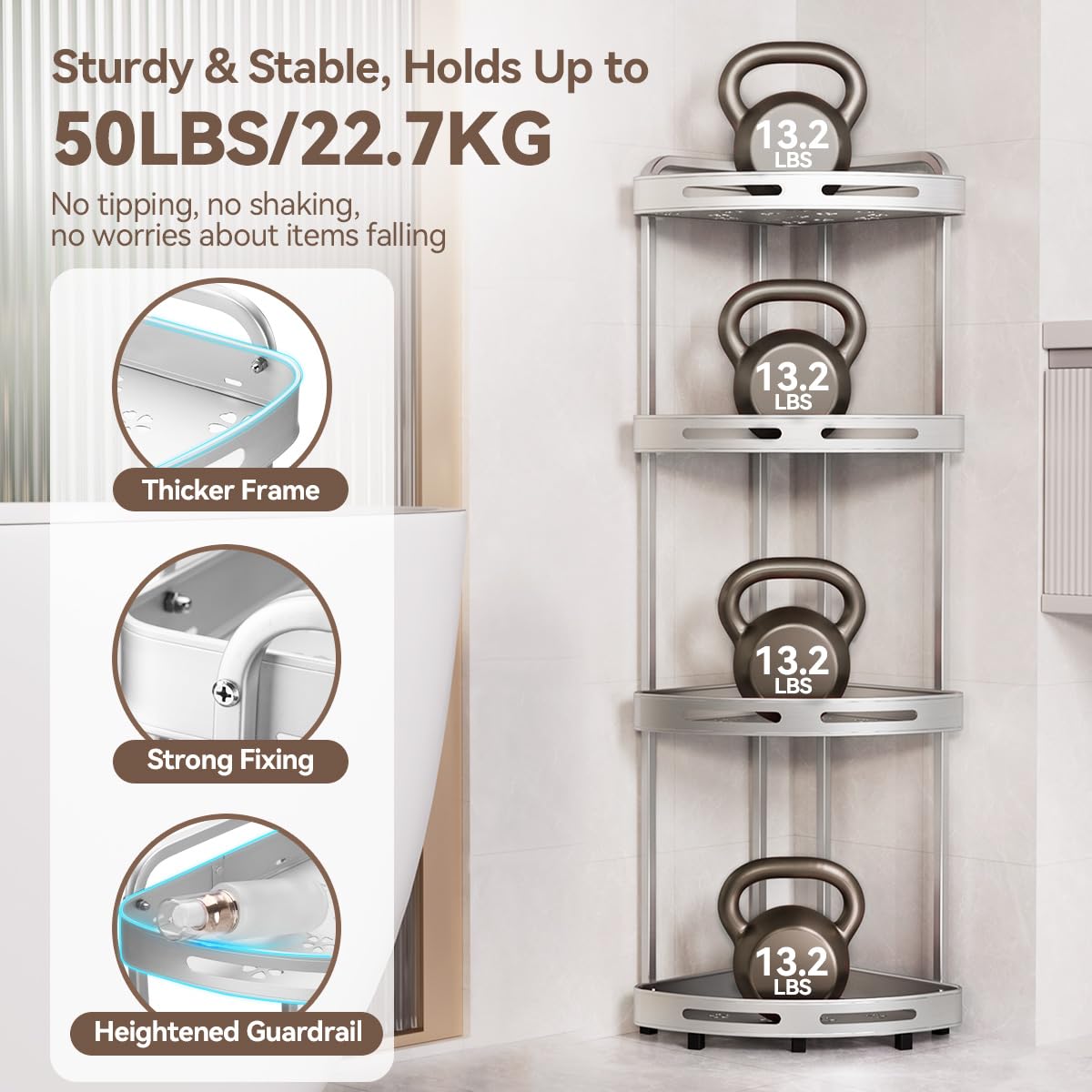 Binecer - Organizador de Ducha de Esquina de 4 Niveles con Soporte para jabón, estantes de Ducha inoxidables para Almacenamiento de champú, Color Plateado