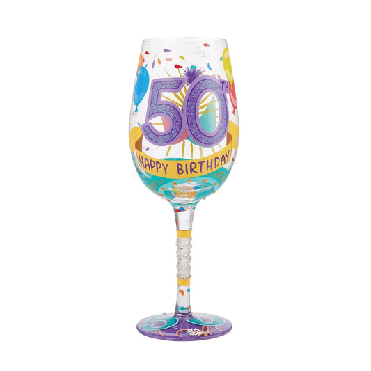 Enesco Designs by Lolita Happy 50th Birthday - Copa de vino artesanal pintada a mano, 15 onzas, multicolor