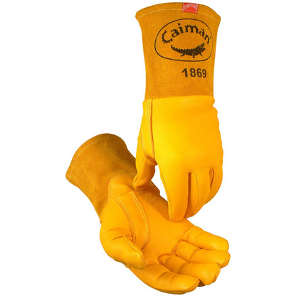 Caiman - Guantes de soldadura MIG de piel de cabra de grano superior, costuras de Kevlar DuPont, sin forro, puño de guantelete de 4 pulgadas, dorado, L (1869-5)