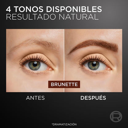 L'Oréal Paris Faux Brow Delineador de Cejas, Efecto 3D, Resistente al Agua, Larga Duracion y Acabado Natural, con Micro Aplicador de 2 Puntos, Tono Café - Brunette, 1ml.