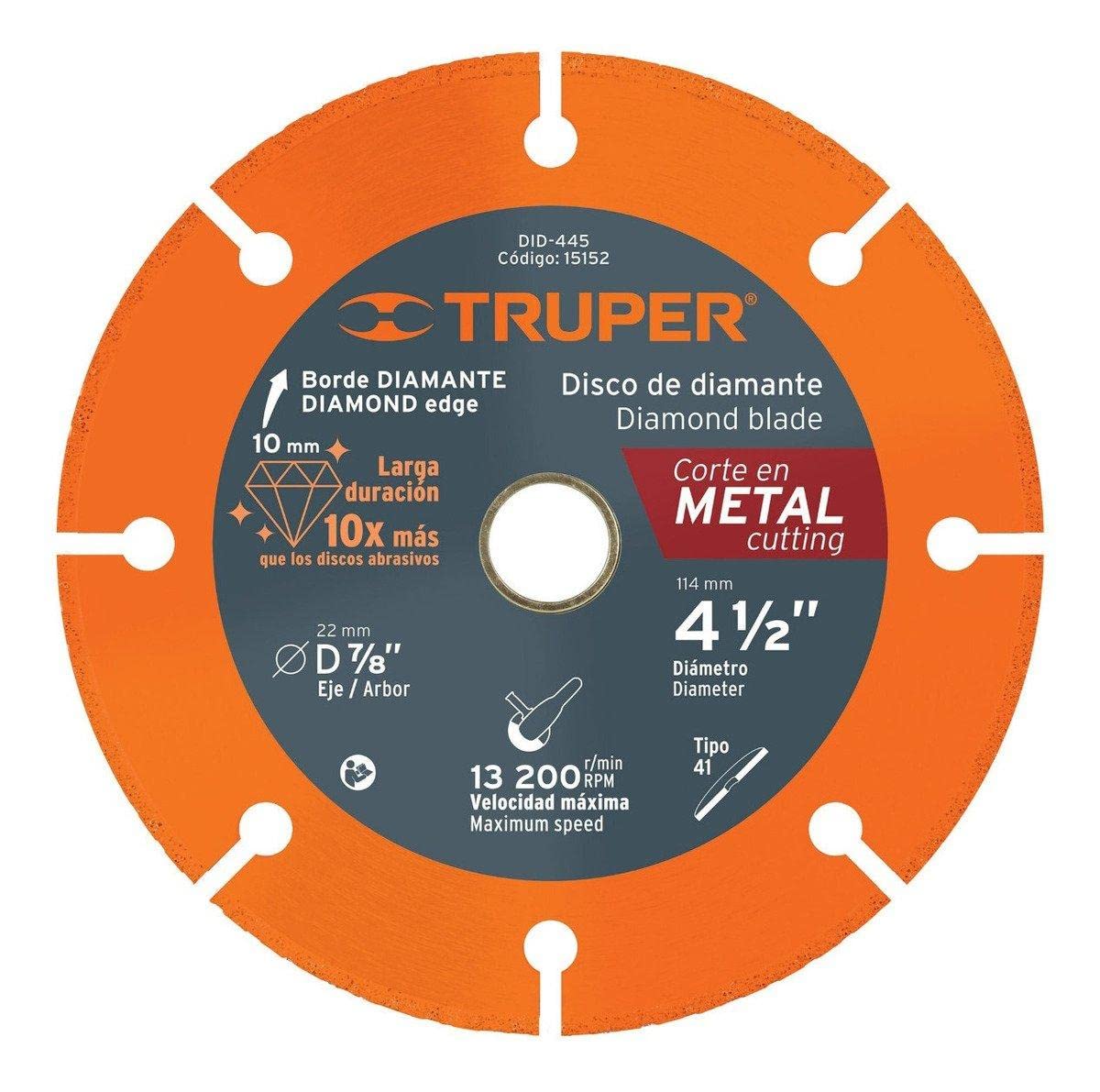 Truper DID-445, Disco de diamante de 4-1/2" x 1.4 mm para corte metal - 4 1 - 2'