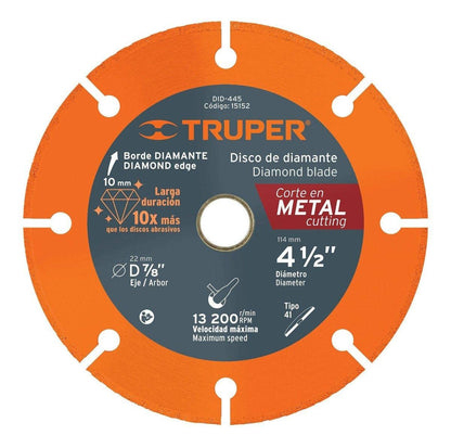 Truper DID-445, Disco de diamante de 4-1/2" x 1.4 mm para corte metal - 4 1 - 2'