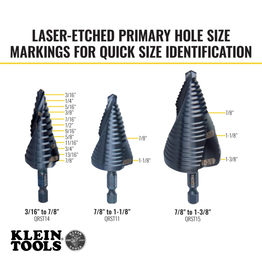 Klein Tools - Juego de 3 Brocas para Electricista con Aceite de Corte, Estuche Modular, Liberación Rápida, Impacto y Doble Espiral