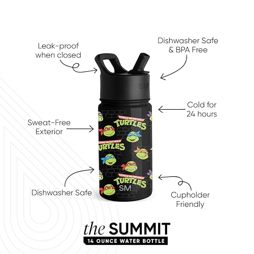 Simple Modern - Botella de agua para niños, con popote, botella aislada de acero inoxidable con diseño de las tortugas ninja, para niños, escuela, colección Summit, 410 ml, TMNT Turtles Unite