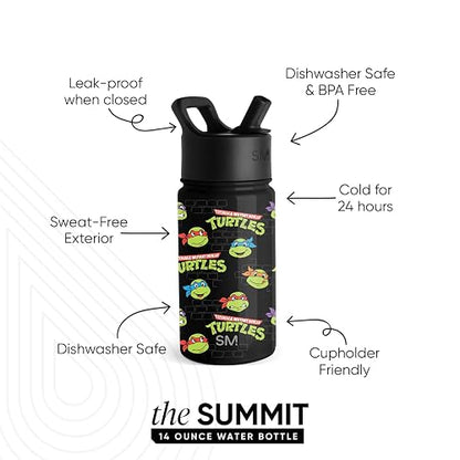 Simple Modern - Botella de agua para niños, con popote, botella aislada de acero inoxidable con diseño de las tortugas ninja, para niños, escuela, colección Summit, 410 ml, TMNT Turtles Unite