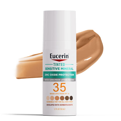 Eucerin Loción De Protector Solar Facial Mineral Tintado Solar Spf 35, Protector Solar Mineral No Comedogénico Con Protección Suave De Ã“xido De Zinc Para Piel Sensible, Frasco De 1.7